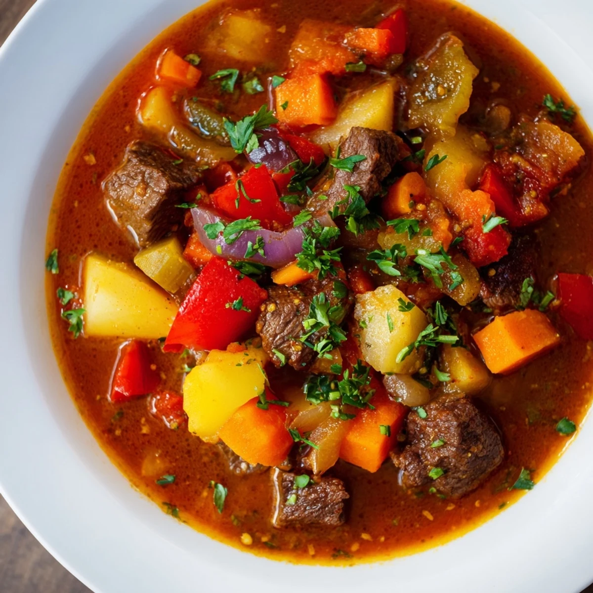 Goulash Soup bubbling in a pot, featuring tender beef and colorful vegetables, ready to serve.