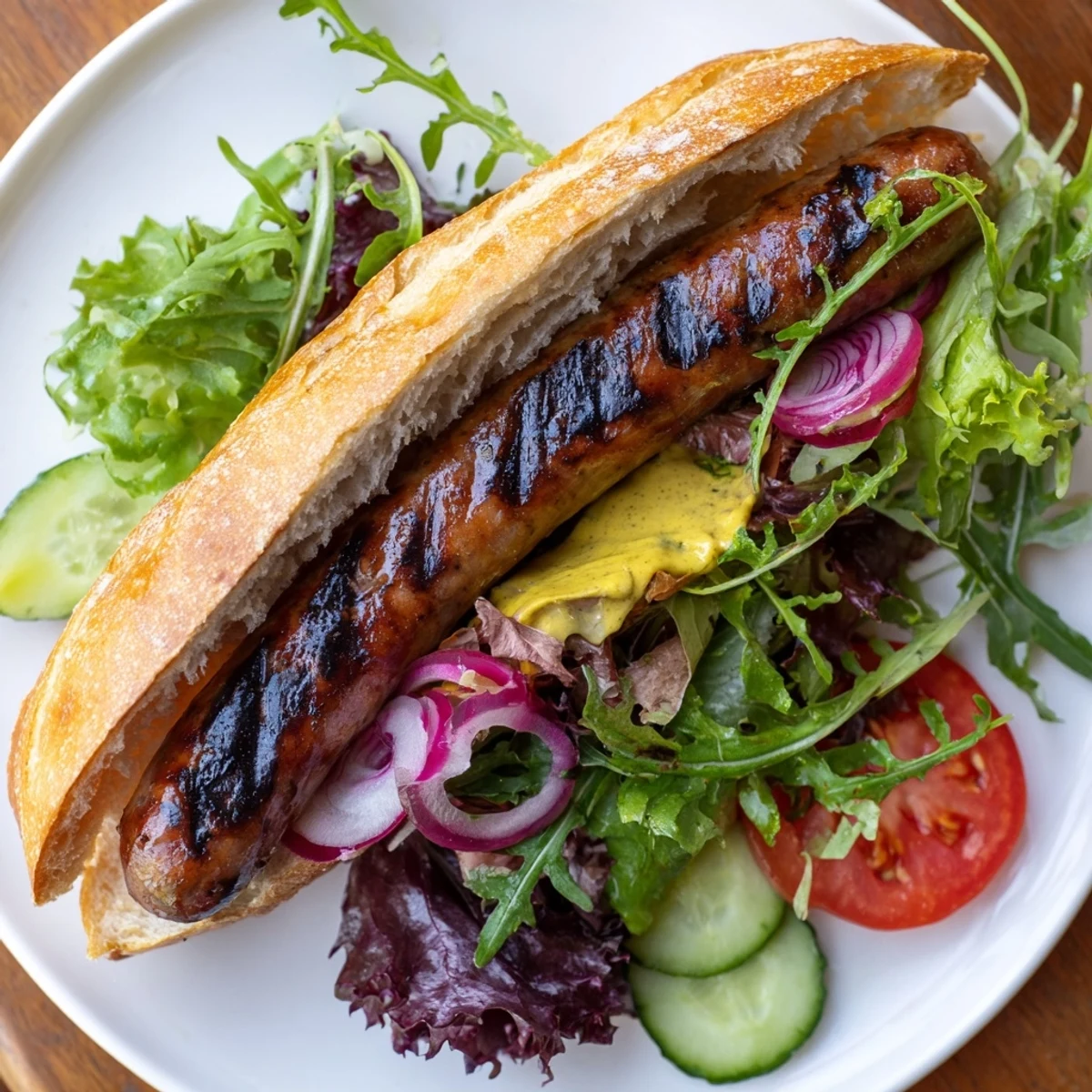Grilled Bratwurst in Baguette with tangy mustard and crisp salad, a delightful German meal.