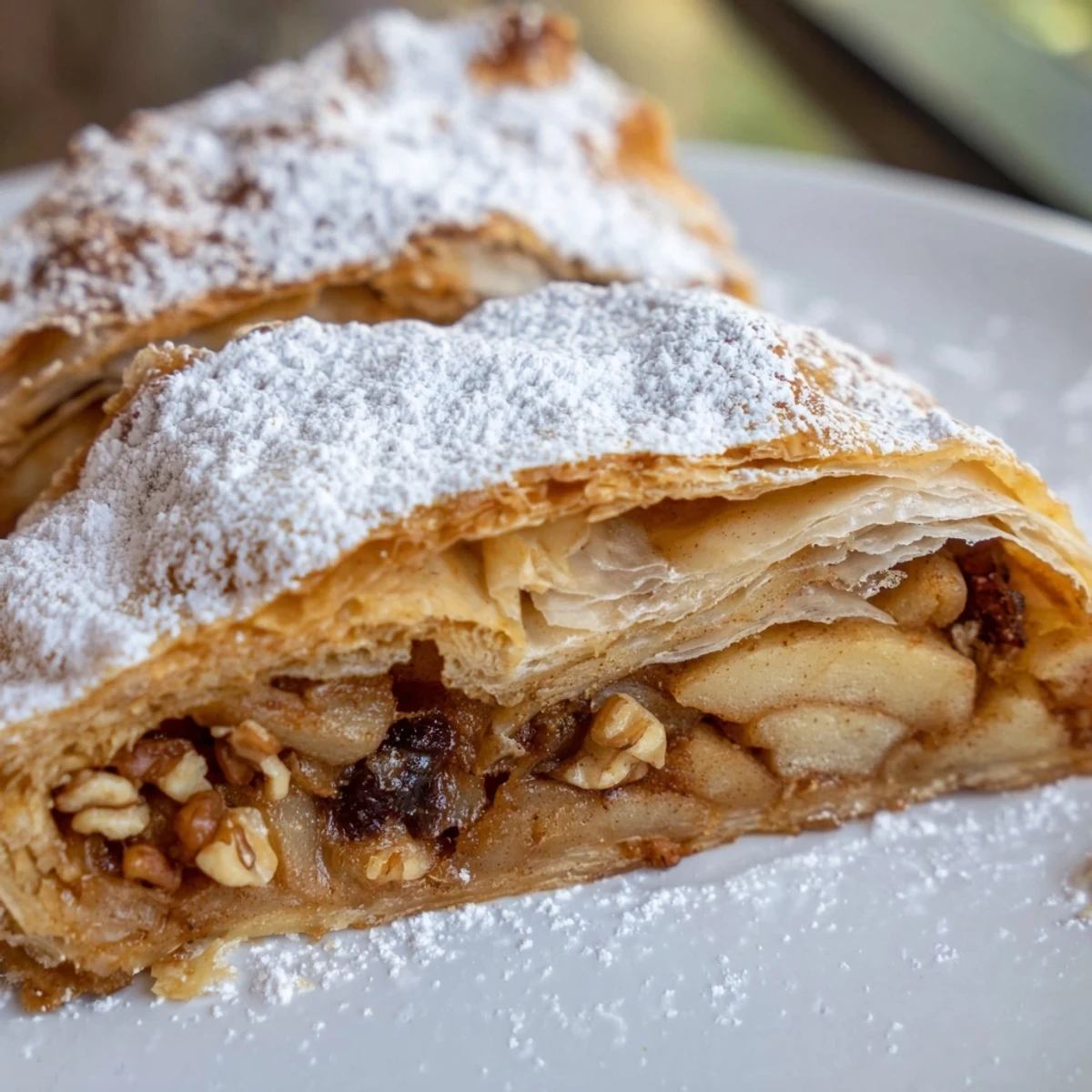 Golden, flaky apple strudel with a dusting of powdered sugar, perfect dessert delight.
