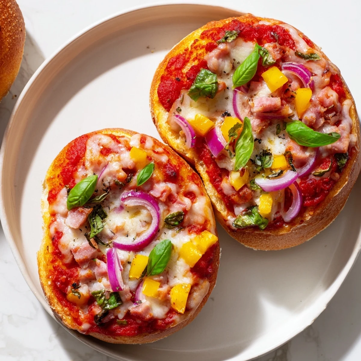 Warme, goldbraune Brötchen Pizza belegt mit Schinken, Käse und Gemüse.