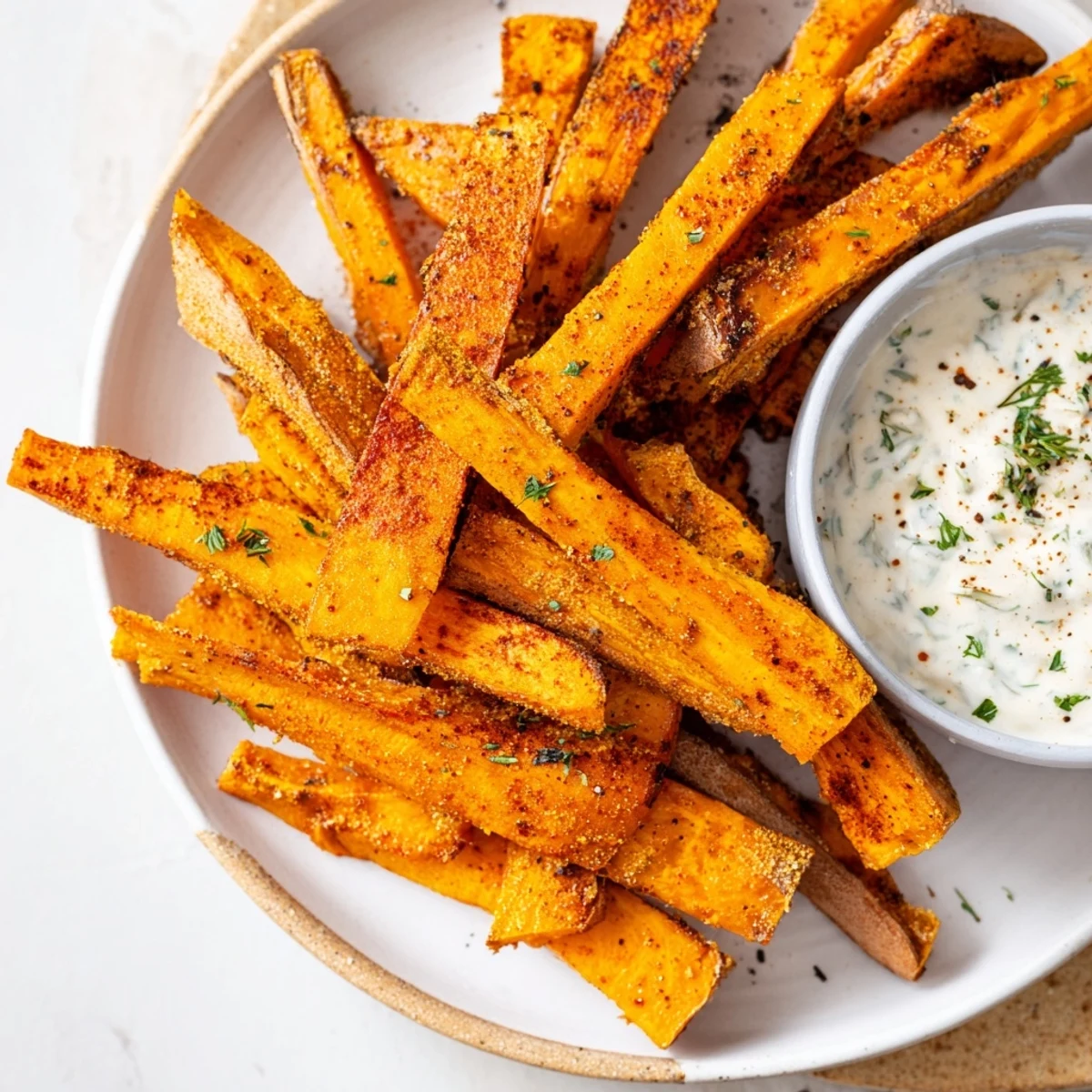 Crispy, golden oven-baked sweet potato fries with a cool herbed yogurt dip, ready to eat.
