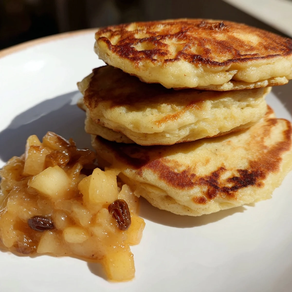 Warm Quarkkeulchen, a delicious German dessert, ready to be enjoyed with a generous helping of apple compote.