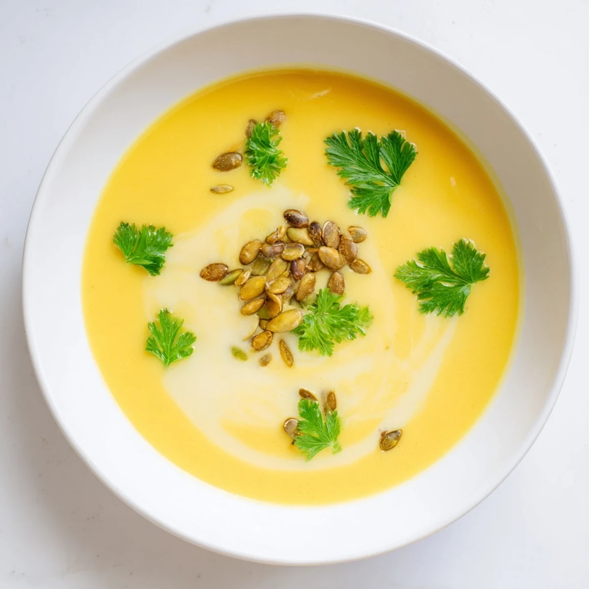 Creamy pumpkin soup with crusty bread, garnished with fresh herbs, a warming autumn meal.
