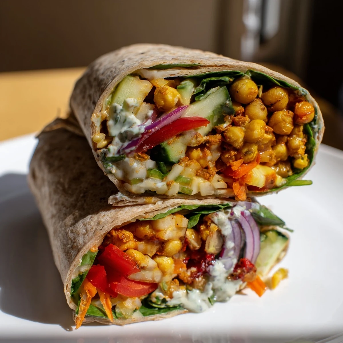 Flavorful chickpea & vegetable wraps, overflowing with vibrant veggies and creamy yogurt sauce.