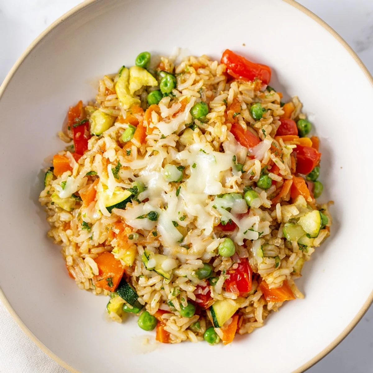 Colorful vegetables baked into Oven-Baked Rice with Vegetables & Cheese, topped with melted mozzarella cheese.