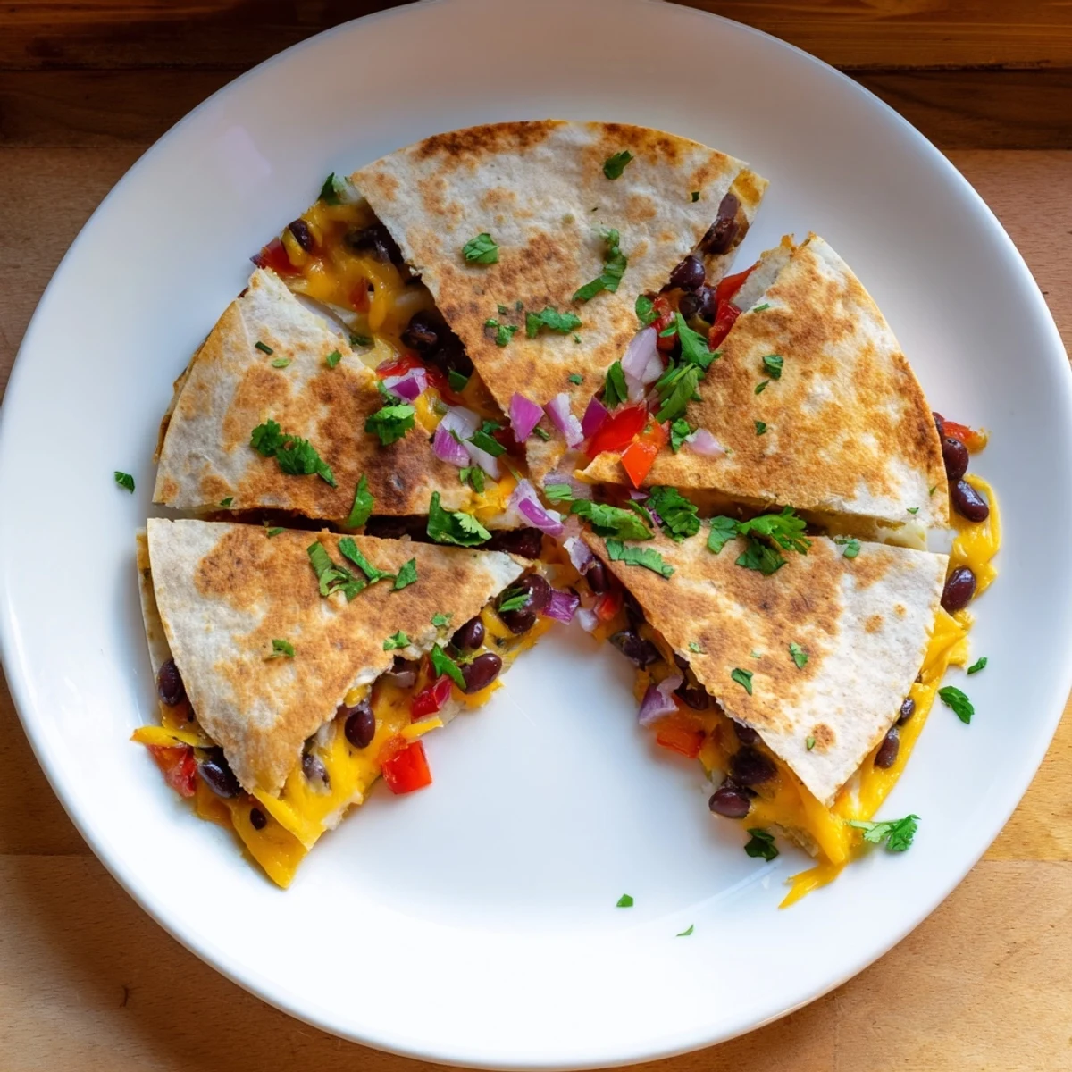 A stack of warm vegetarian quesadillas, overflowing with cheesy goodness and served with fresh salsa.