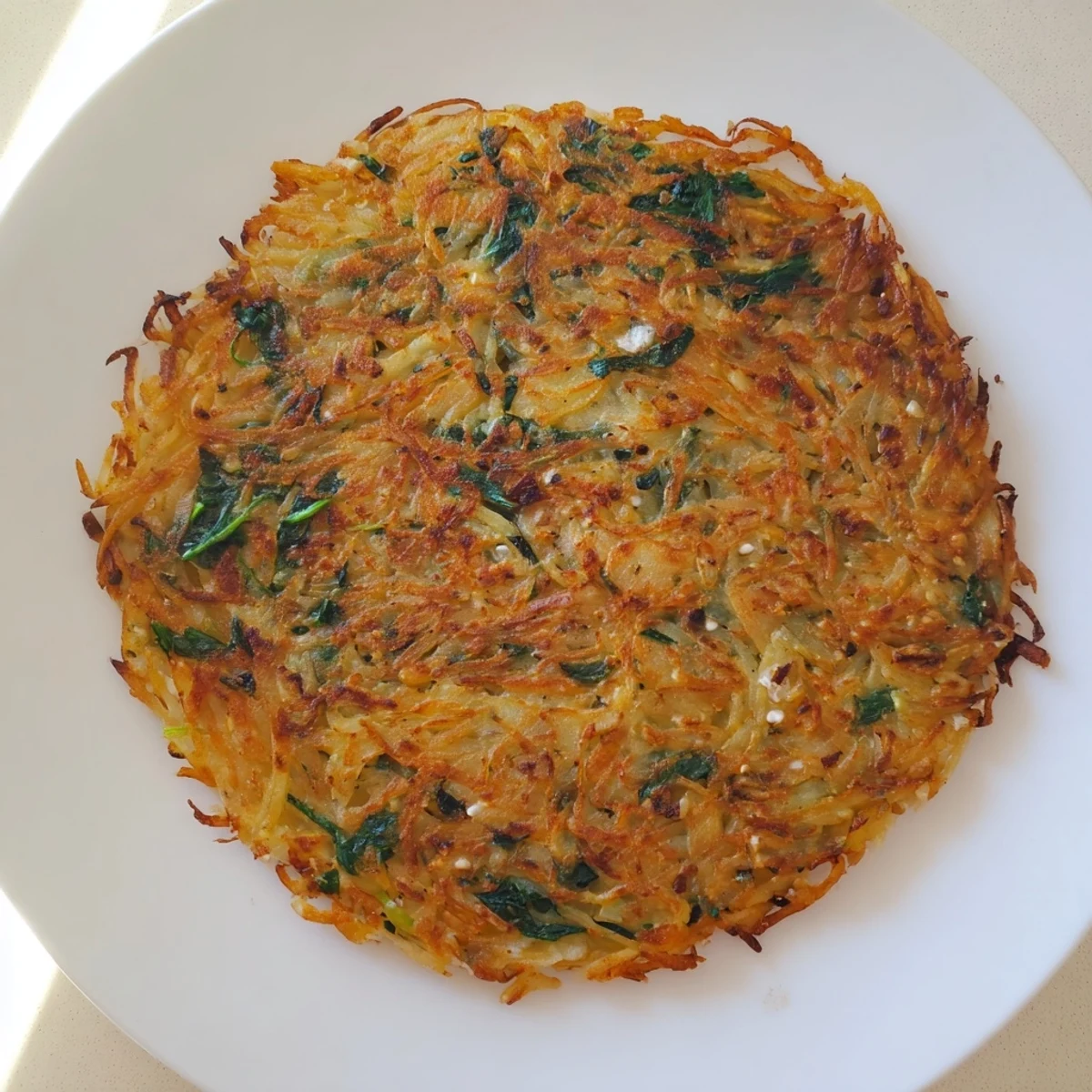 Crispy golden-brown Healthy Potato & Spinach Rösti, served hot with a side salad, ready to enjoy.