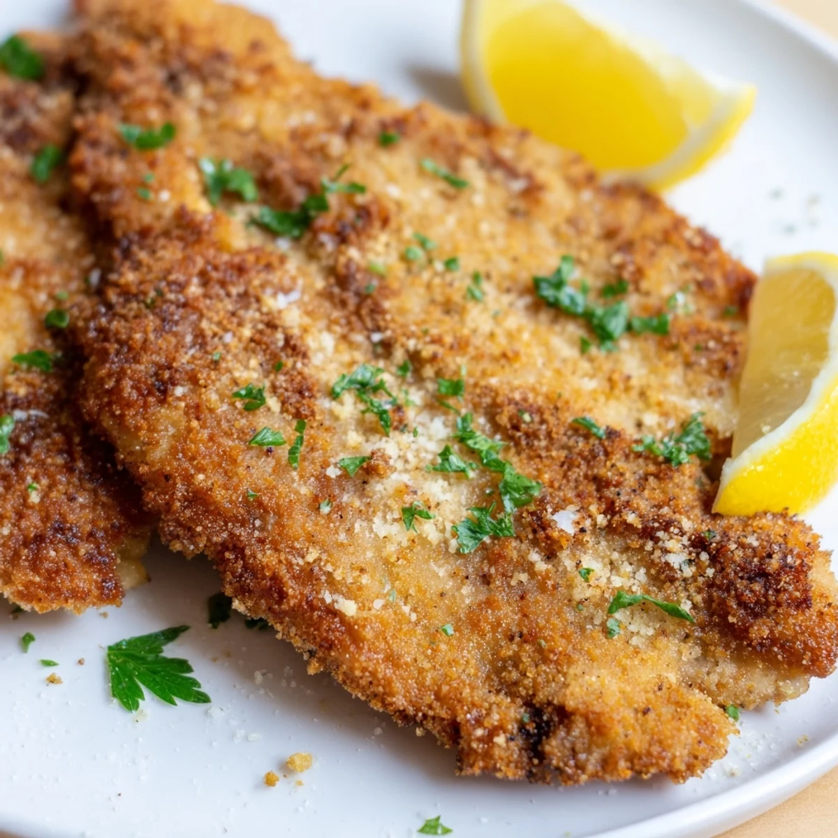 Golden, crispy air fryer Wiener Schnitzel, ready to serve with lemon wedges and fresh parsley.