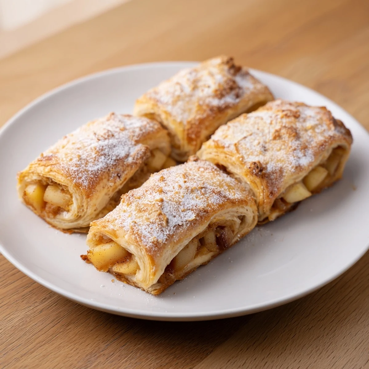 Close up of warm apple strudel rolls, dusted with powdered sugar, ready to eat.