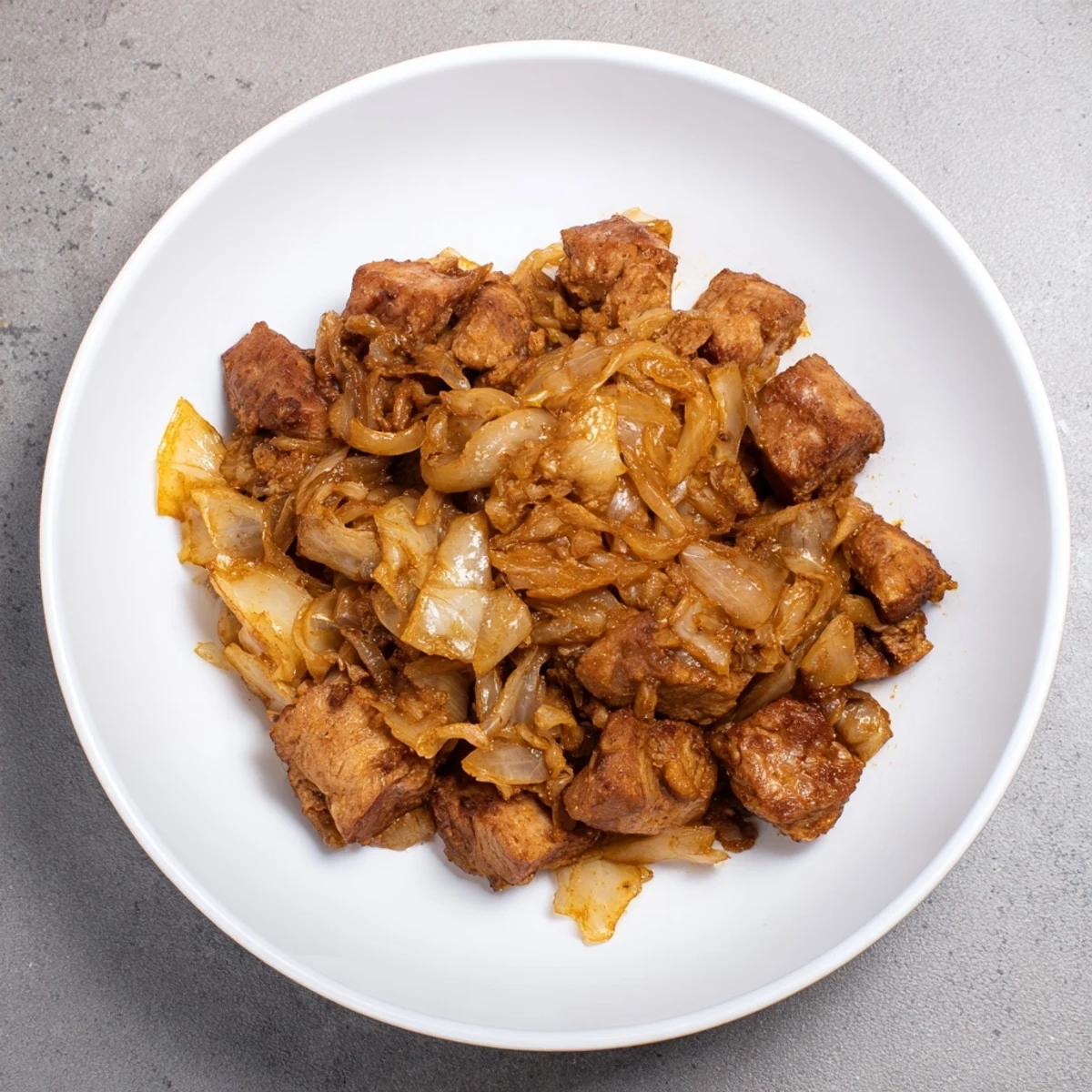 Close-up of the delicious Sweet Cabbage and Pork Stew; a rich, gluten-free, Central European comfort food.