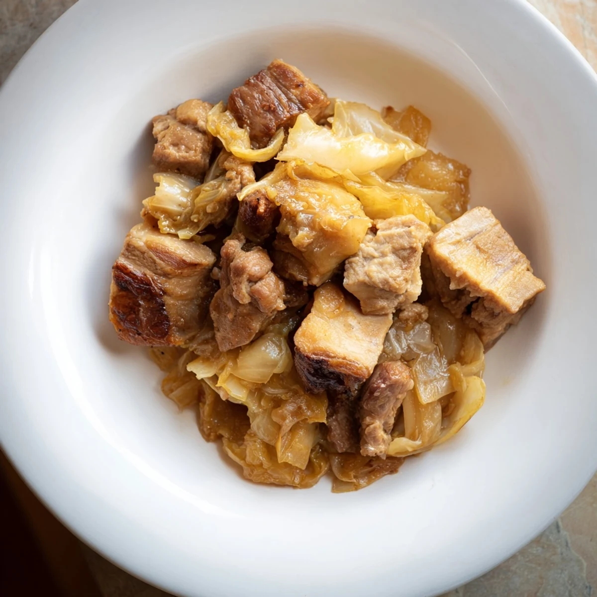 Hearty Sweet Cabbage and Pork Stew, with tender pork and caramelized cabbage, simmering in a pot.