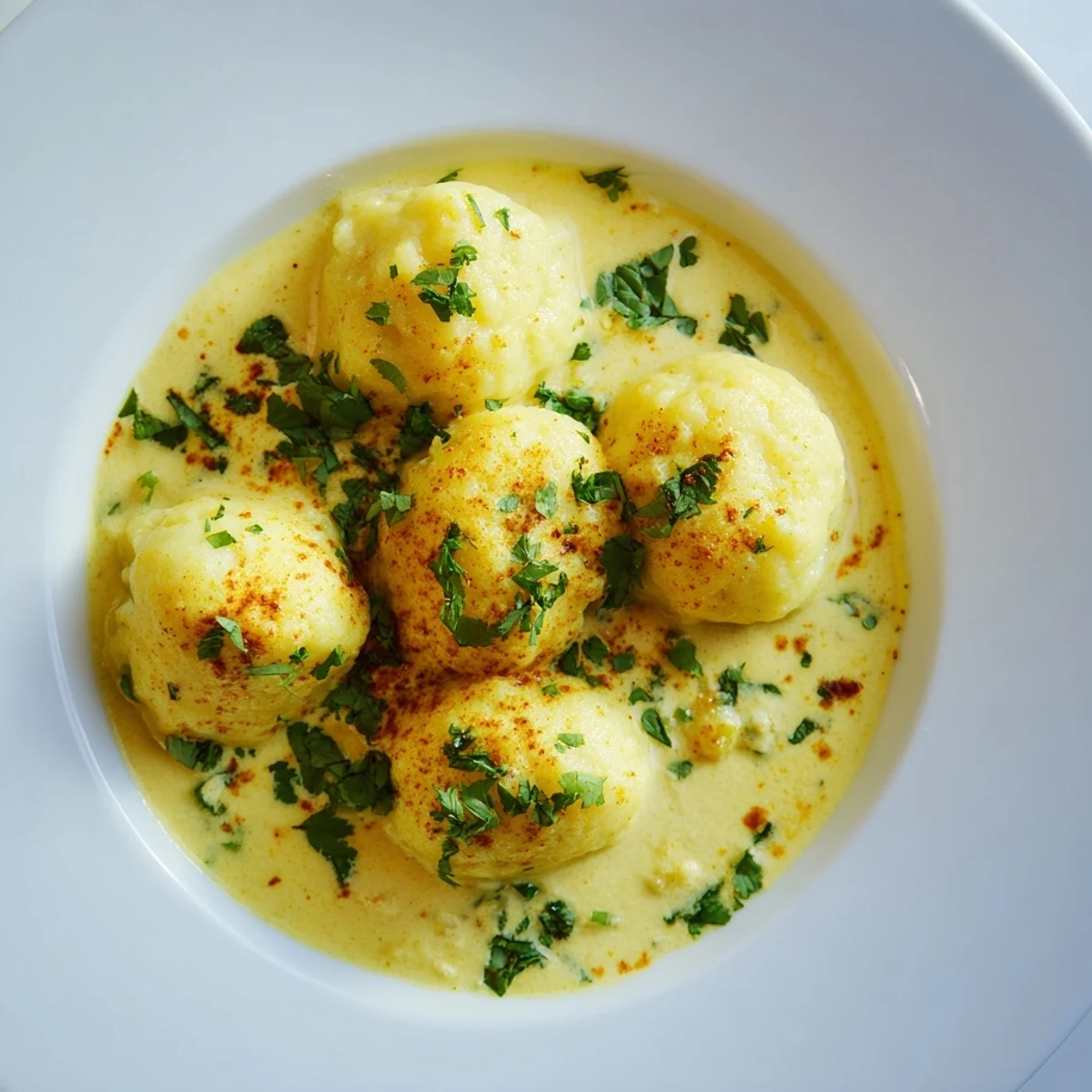 Fluffy Curry Comfort Potato Dumplings are bathed in a creamy, spiced curry sauce, a delightful meal.