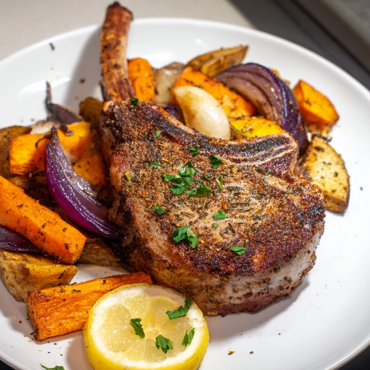 Juicy The Perfect Sheet Pan Pork Chop nestled with colorful roasted root vegetables, a delicious one-pan meal.