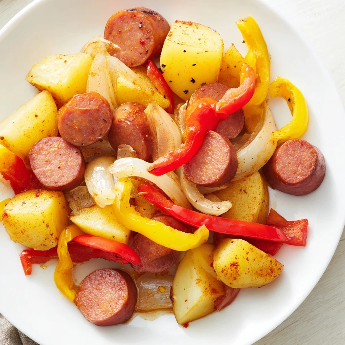 Smoky 1-Pot Kielbasa and Potato Bake, a bubbling, colorful one-pot meal, ready to serve hot.