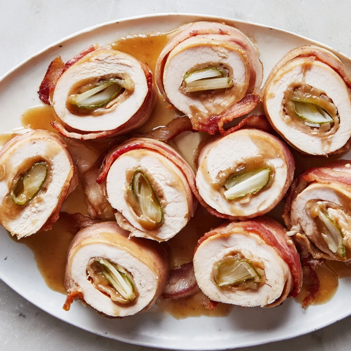 Tender Quick Chicken Rouladen Rolls are browned and beautifully rolled with bacon and pickles, ready to bake.