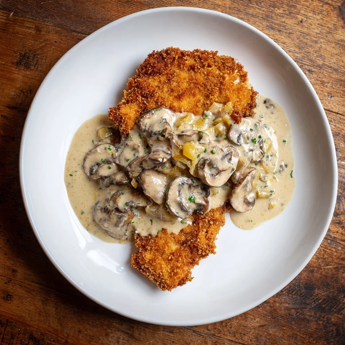 Crispy Jaeger Schnitzel with savory mushroom gravy, ready to be served hot.