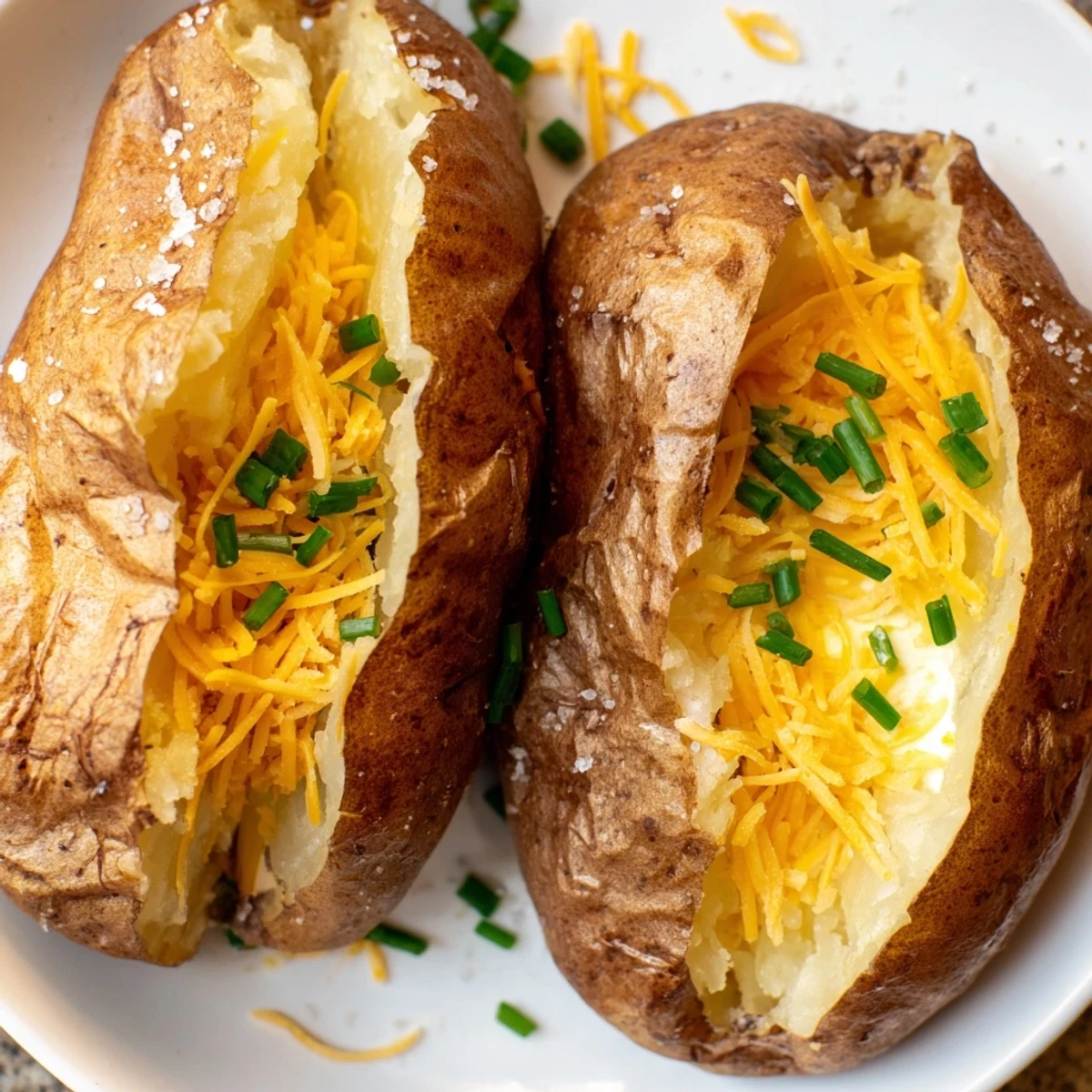 Steaming hot ultimate baked potato, sliced open, revealing a light and airy texture ready for toppings.