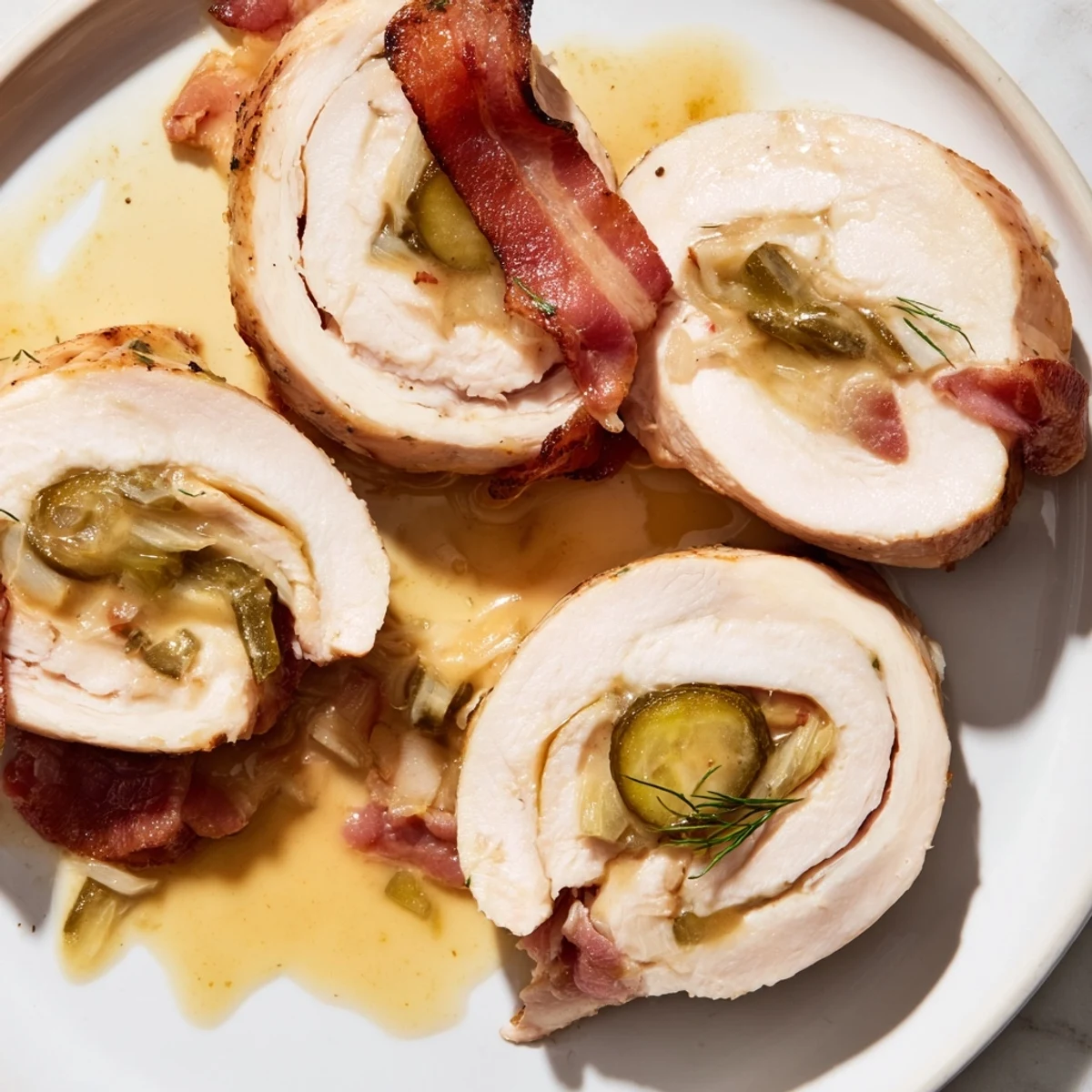 Tender Quick Chicken Rouladen Rolls, golden brown and served in a rich, savory gravy, ready to eat.