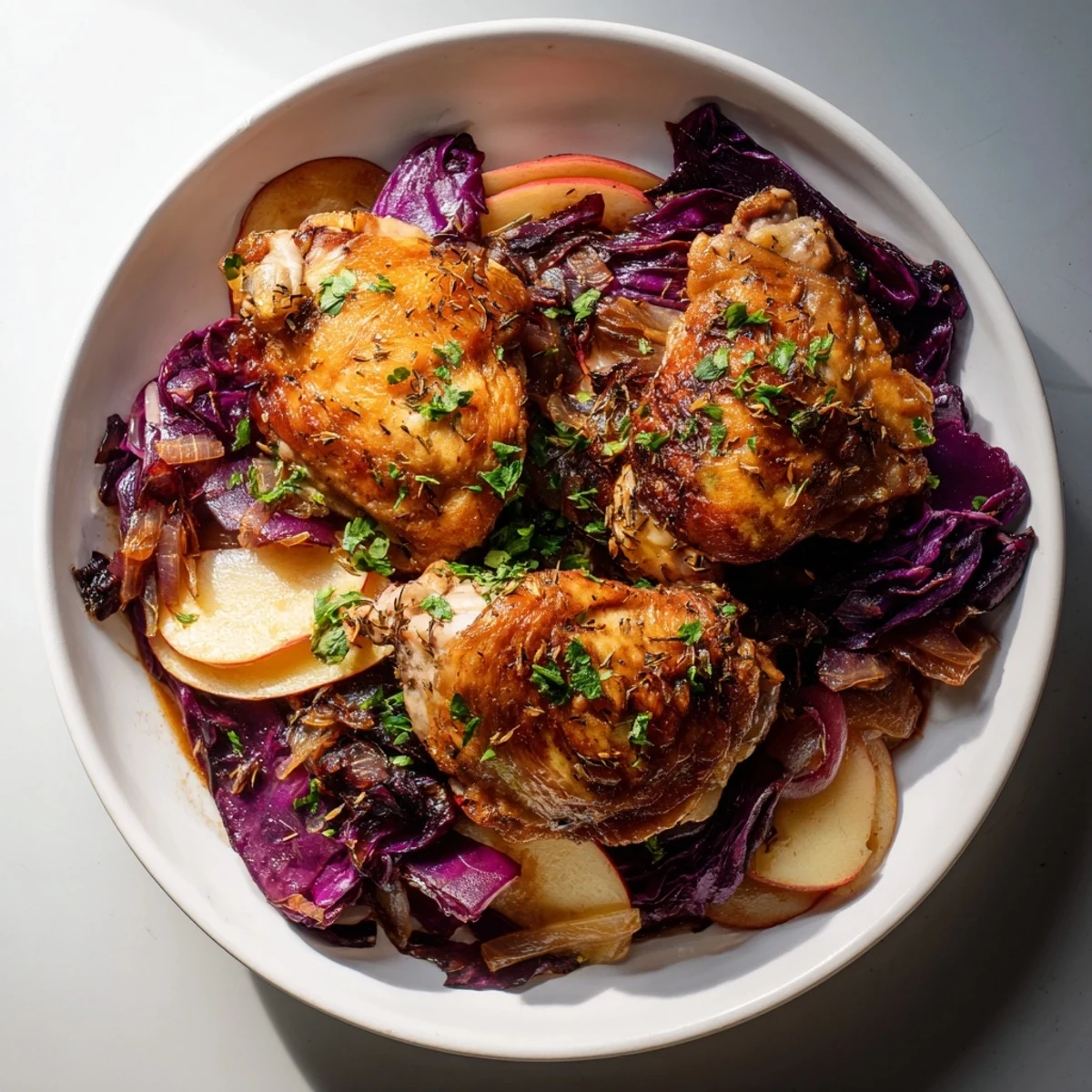 Golden, crispy Oktoberfest Chicken and Red Cabbage Bake with tender chicken thighs, ready to serve.