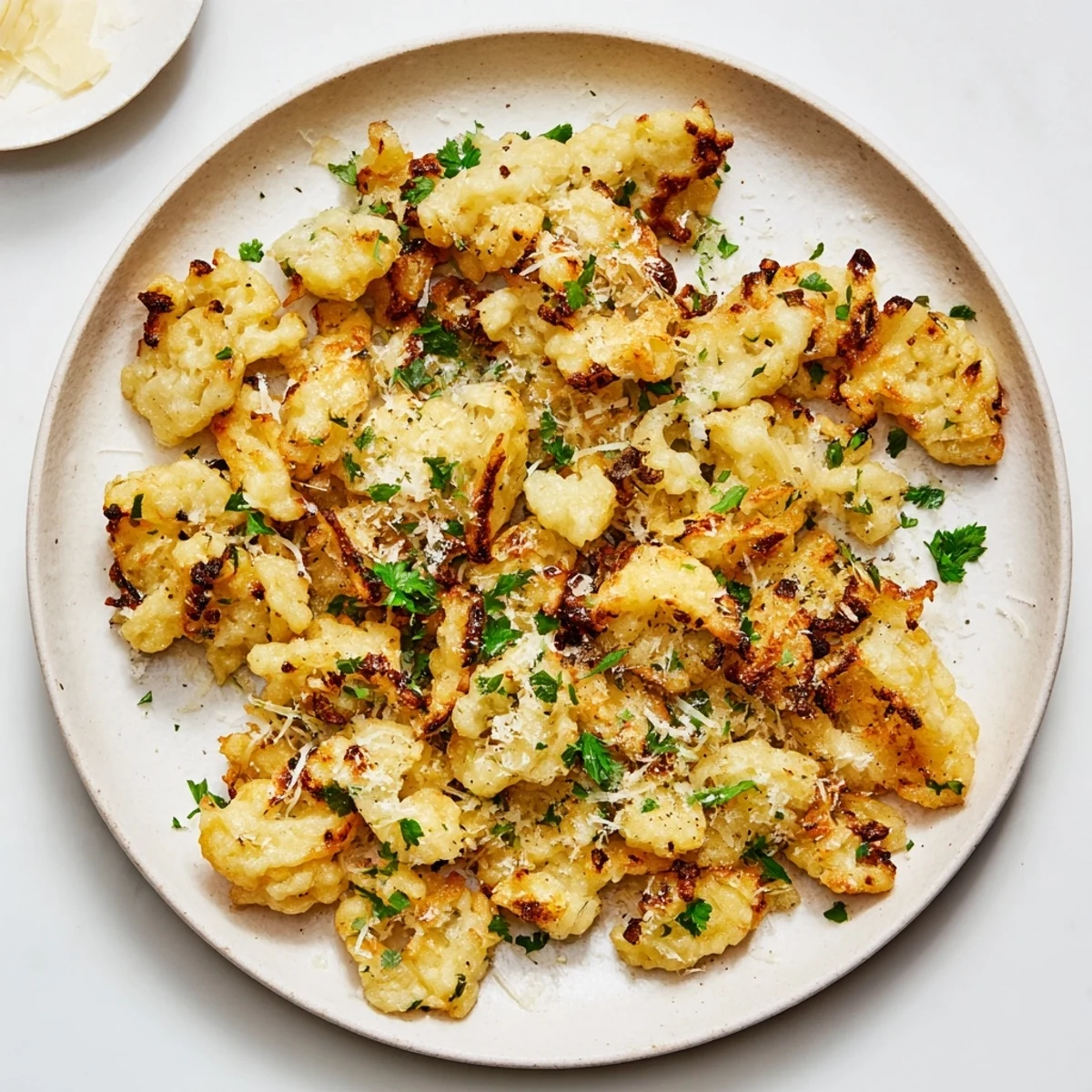 Close-up of golden-brown air fryer German Spätzle with a satisfying, crunchy texture.