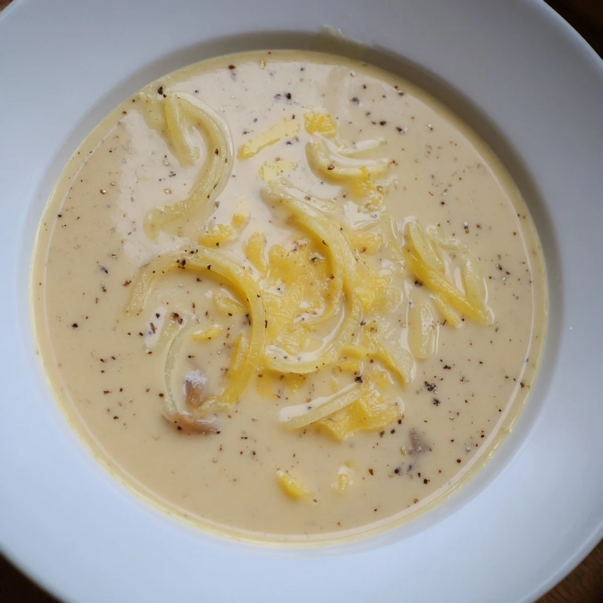 Creamy German Cheese and Onion Beer Soup served with toasted rustic bread, ready to enjoy.