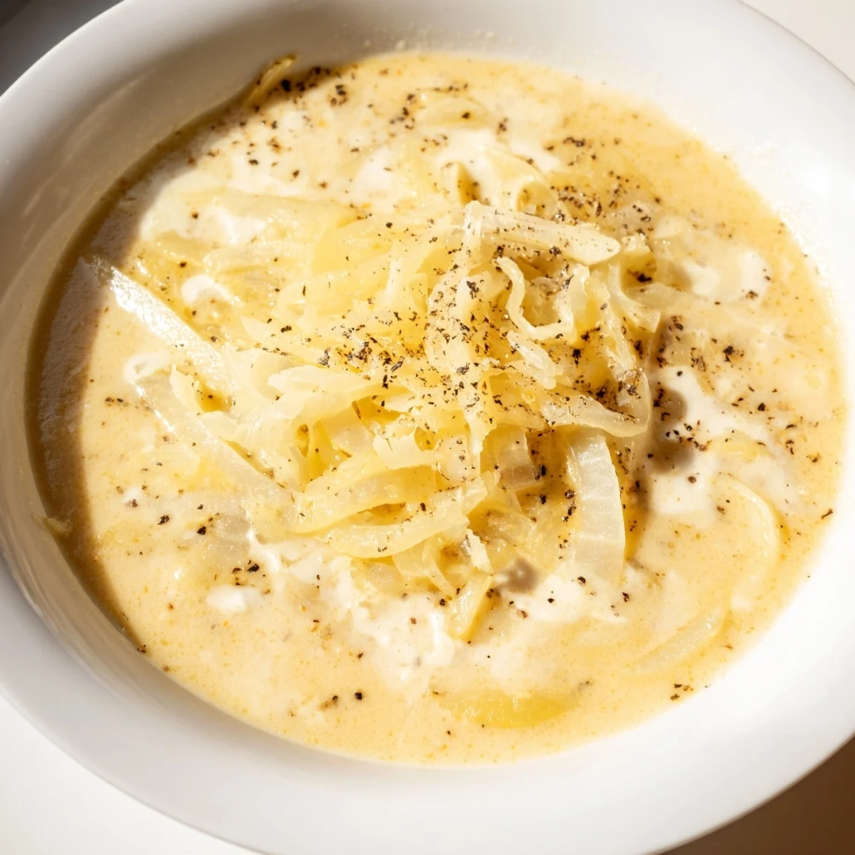 A steaming bowl of German Cheese and Onion Beer Soup, a hearty and flavorful vegetarian meal.