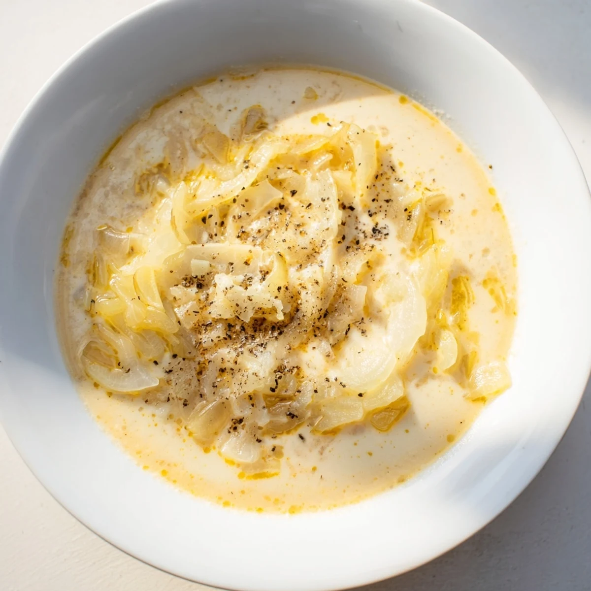 Golden, melted cheese swirling in a bowl of German Cheese and Onion Beer Soup, perfect for a cold day.
