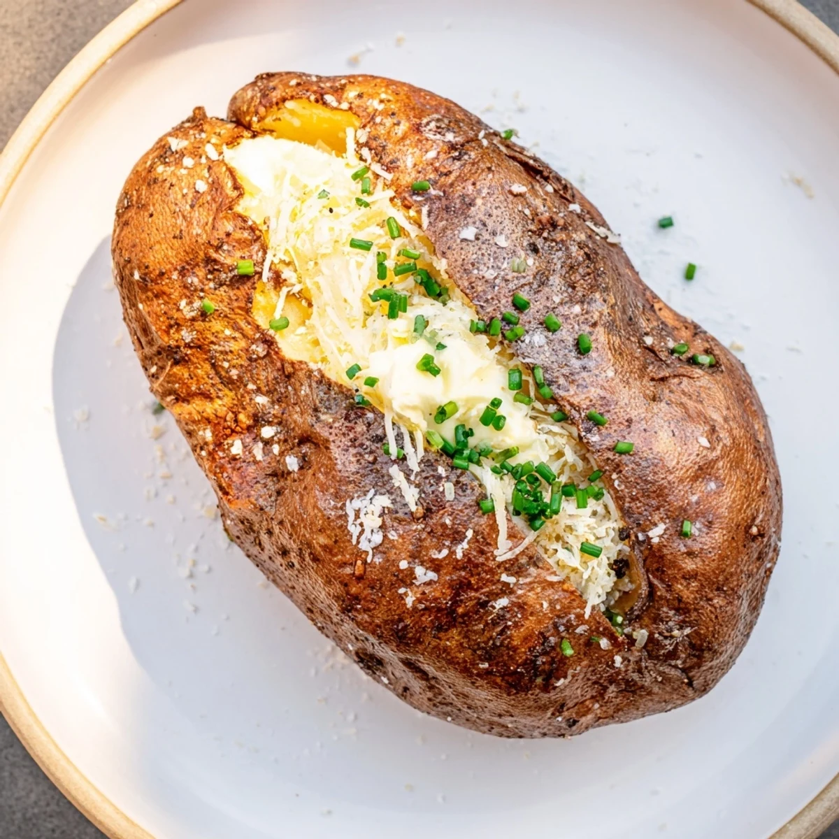 Golden, crispy-skinned ultimate baked potato, ready to be split open and filled with toppings.