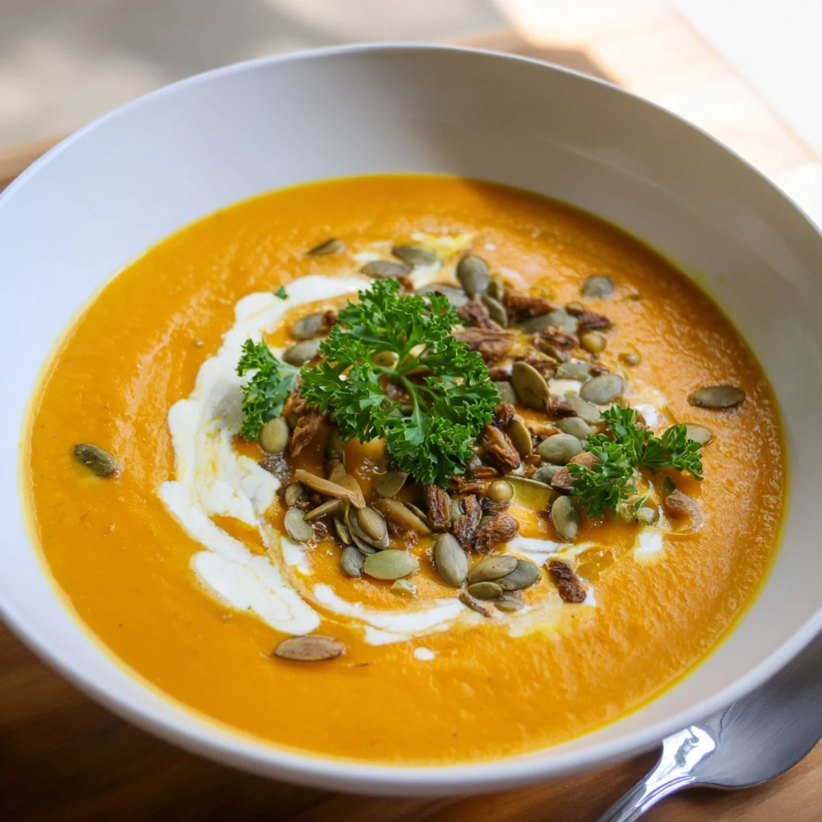 A steaming bowl of vibrant sweet potato & carrot soup, ideal for a cozy, heartwarming dinner.