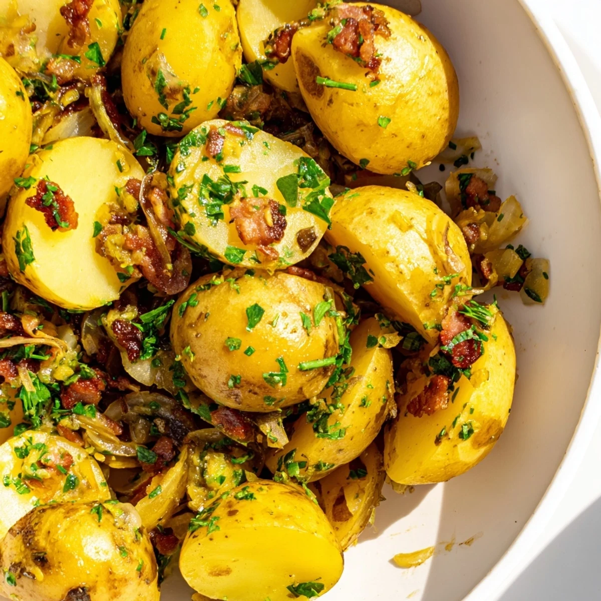 Warm German potato salad, a vibrant side dish, tossed with tangy bacon dressing.