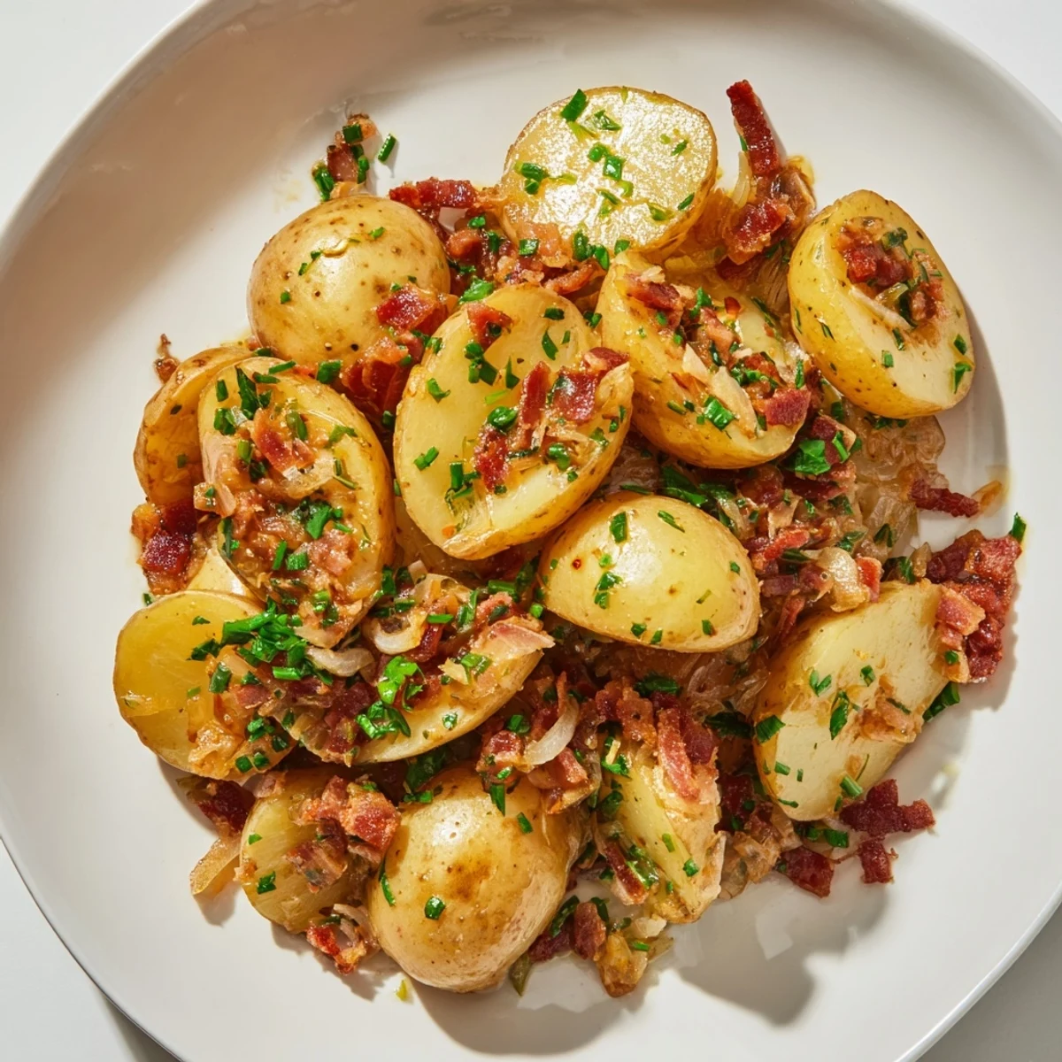 This warm German potato salad features tender potatoes and crispy bacon, delicious and comforting.