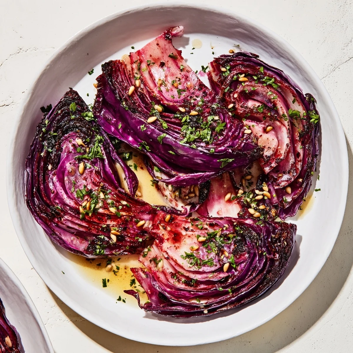 Der Roasted Red Cabbage Salad zeigt gerösteten Rotkohl mit goldbraunen Rändern, fertig zum Servieren.