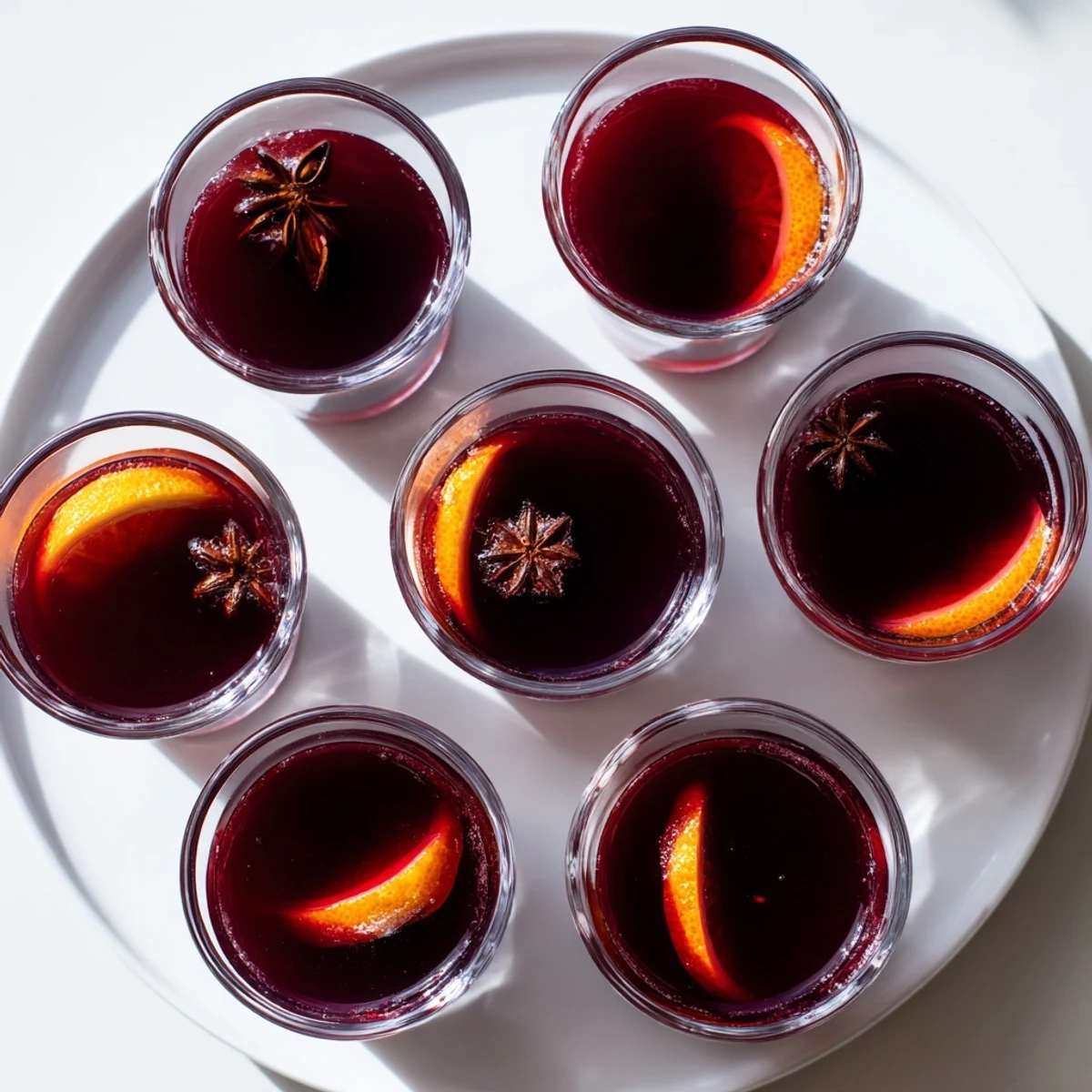 Tiny glass brimming with 5-Minute Express Glühwein, garnished with orange, a quick festive treat for any winter get-together.