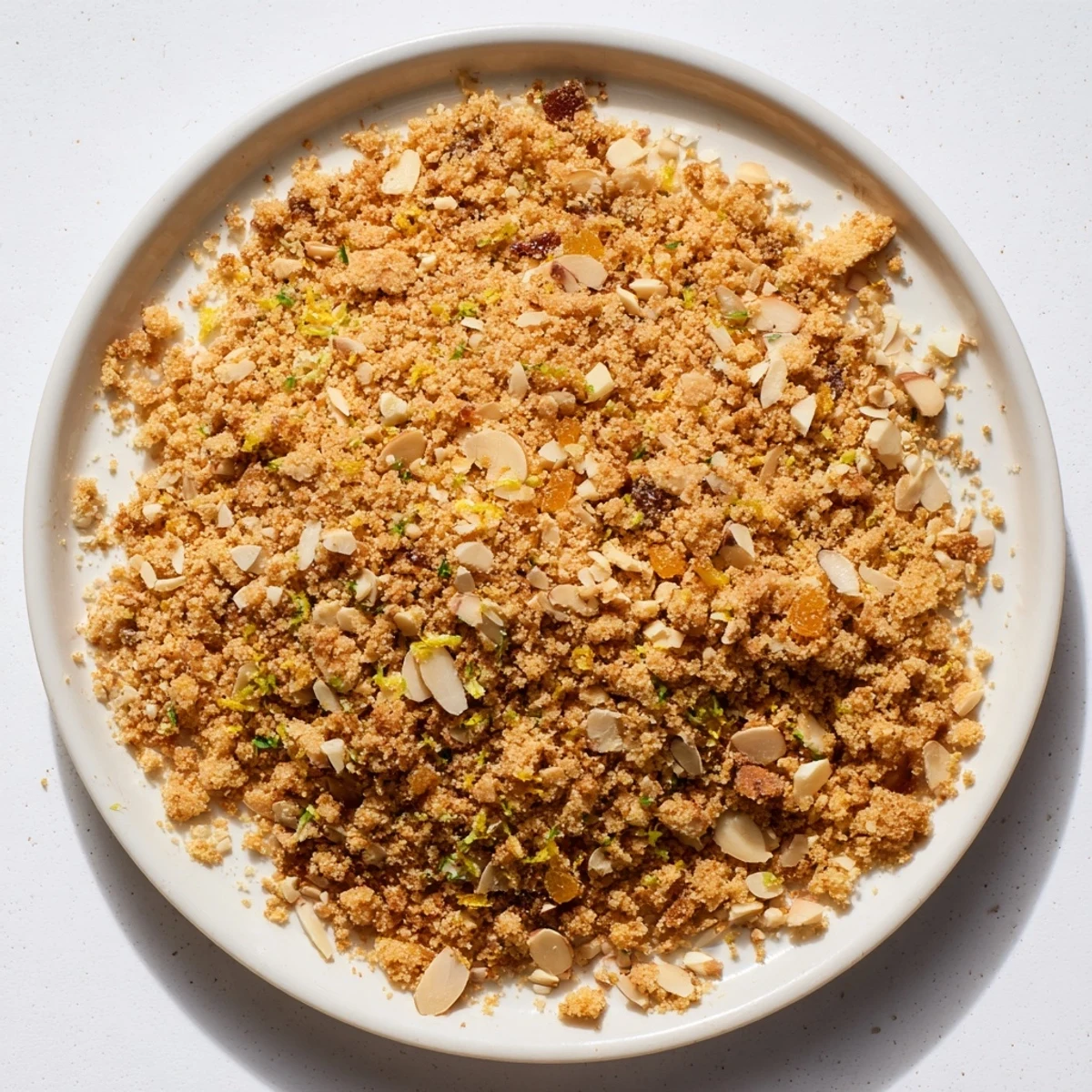A bowl of Quick Stollen Crumble Topping, showcasing the perfect, spiced topping for cakes and muffins.