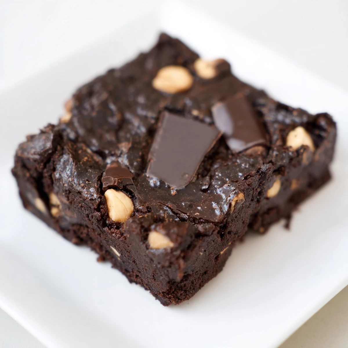 Lightened Hazelnut Brownies, a delicious close-up, showing rich, fudgy texture with hazelnuts.
