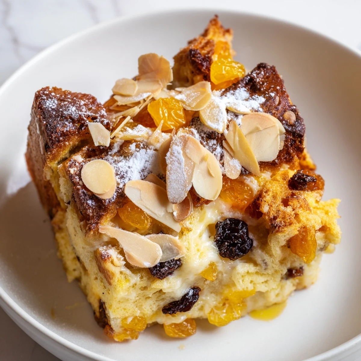 Warm Quick Christstollen bread pudding, a holiday dessert with golden crust and festive toppings.