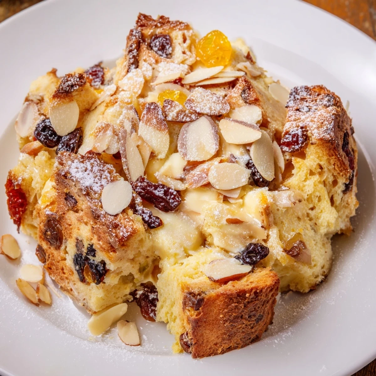 A close-up of Quick Christstollen bread pudding, showing moist bread soaked in custard and almonds.
