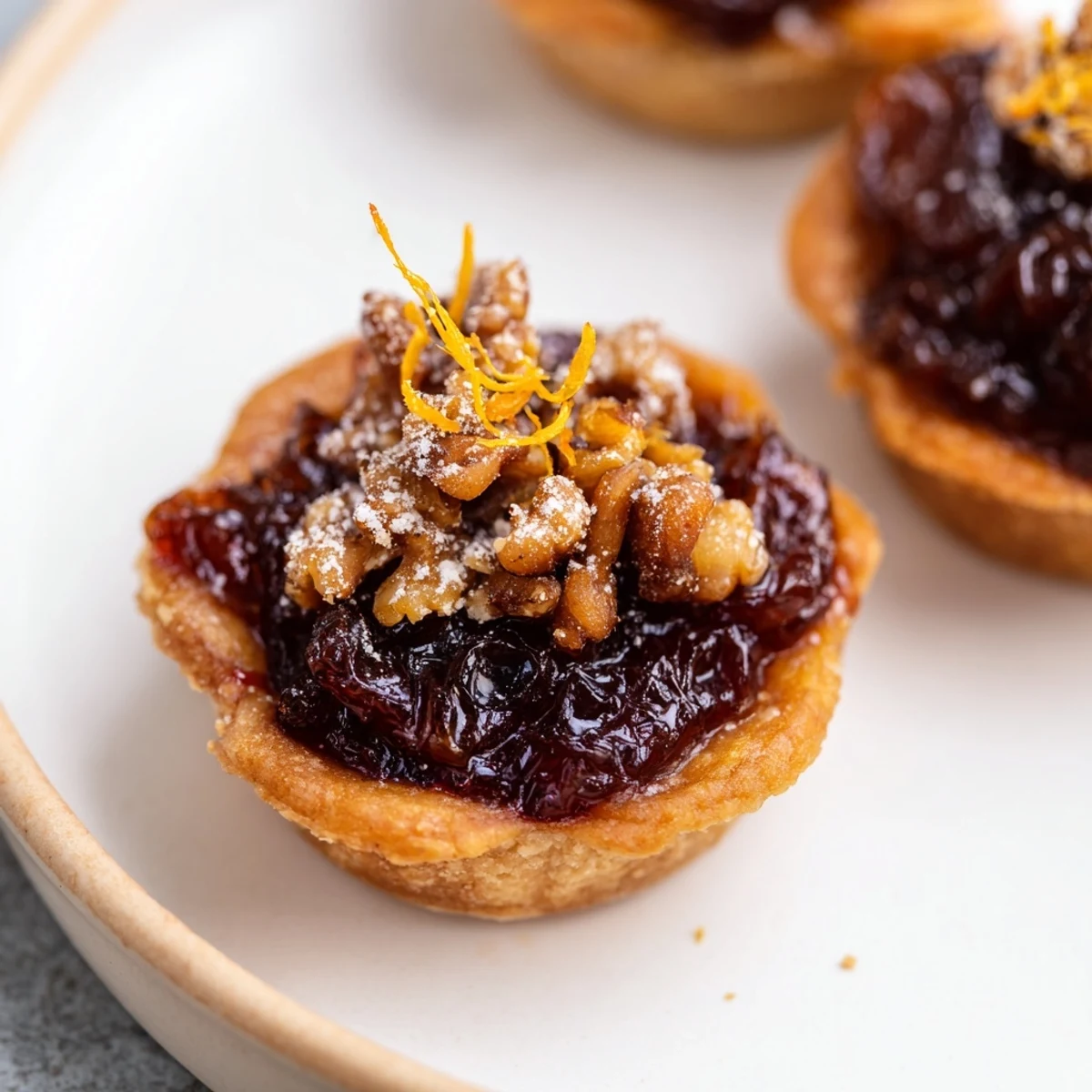 Golden Express Prune Compote Tartlets, garnished with walnuts, offer a sweet treat.