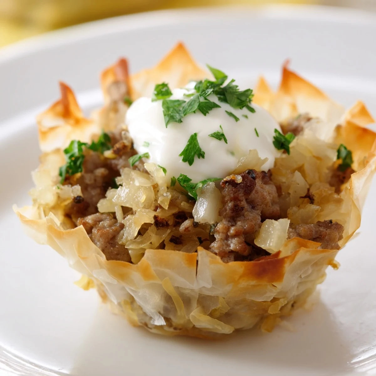 Golden, crispy phyllo cups overflow with flavorful bratwurst and tangy sauerkraut in this dish.