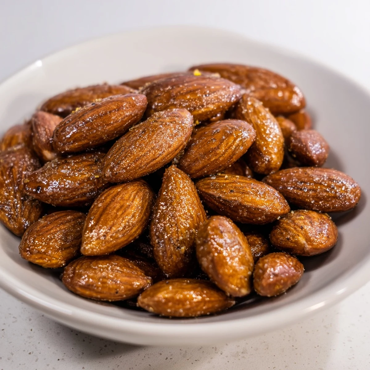 Close-up of freshly made Quick Glühwein Spiced Almonds glistening with spiced glaze, ready to serve and enjoy.