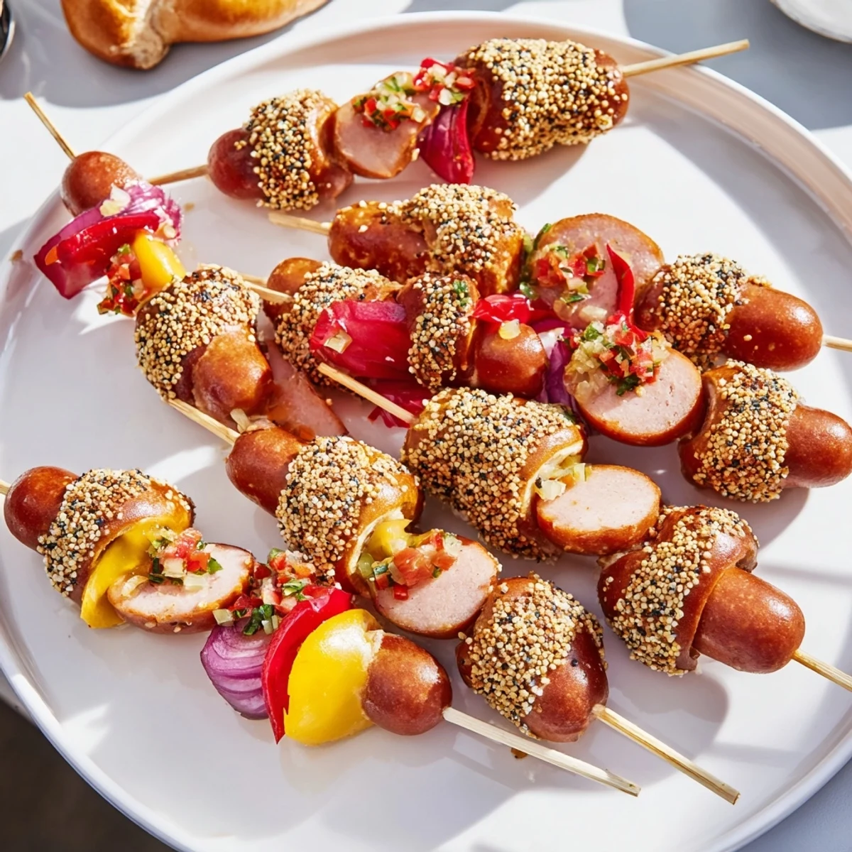 Lightened Wurst & Pretzel Skewers arranged on a platter, showcasing colorful peppers and juicy sausages.