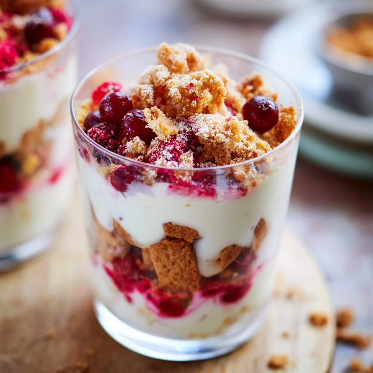 Enjoy a close-up of this delicious German Budget Butterkekse Crumble, a quick and easy dessert layered with textures.