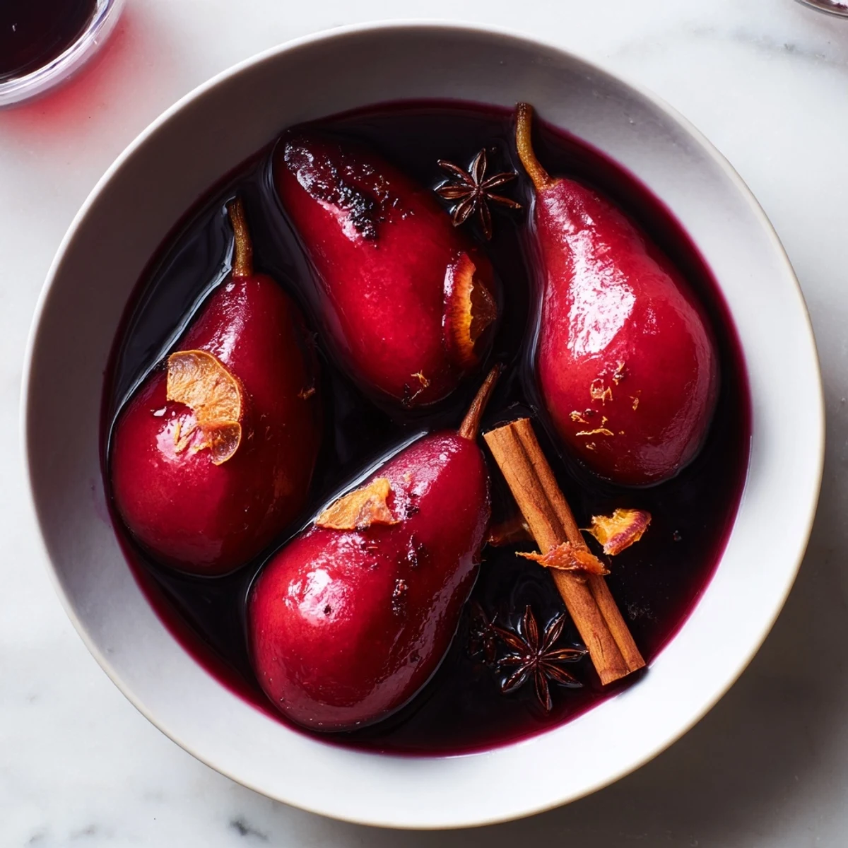Quick Glühwein-poached pears, a vibrant dessert boasting ruby color plus cinnamon fragrance and warm spices.