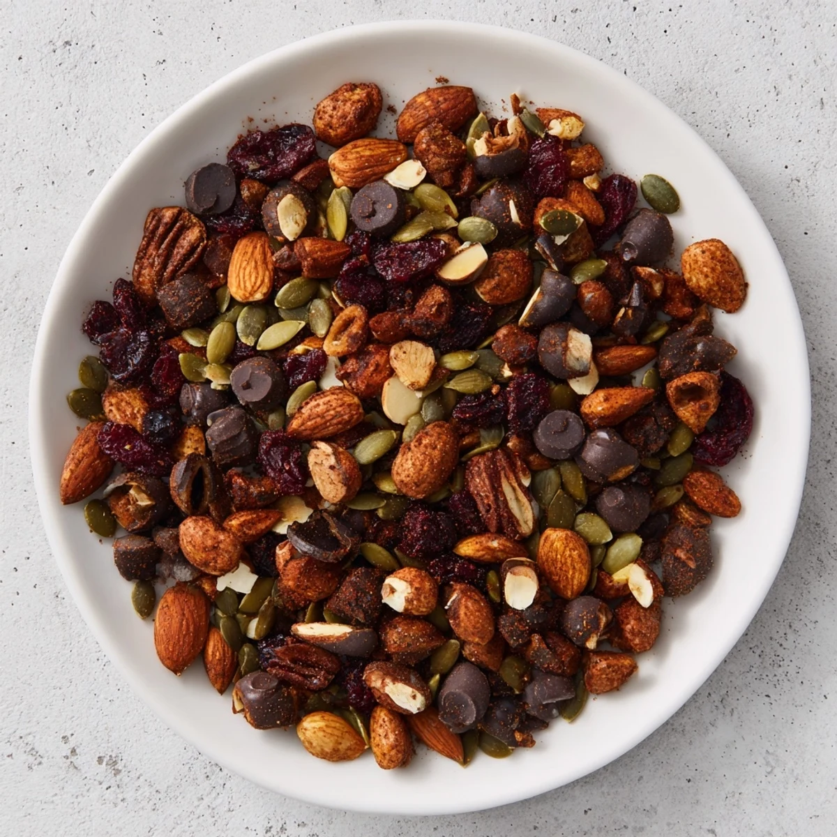 A close-up of delicious Acorn & Oak Snack Mix; a gluten-free snack with savory and sweet flavors.
