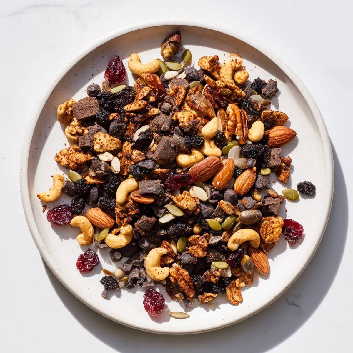 Golden, oven-roasted Acorn & Oak Snack Mix; a vegetarian treat with dried cranberries and chocolate chips.