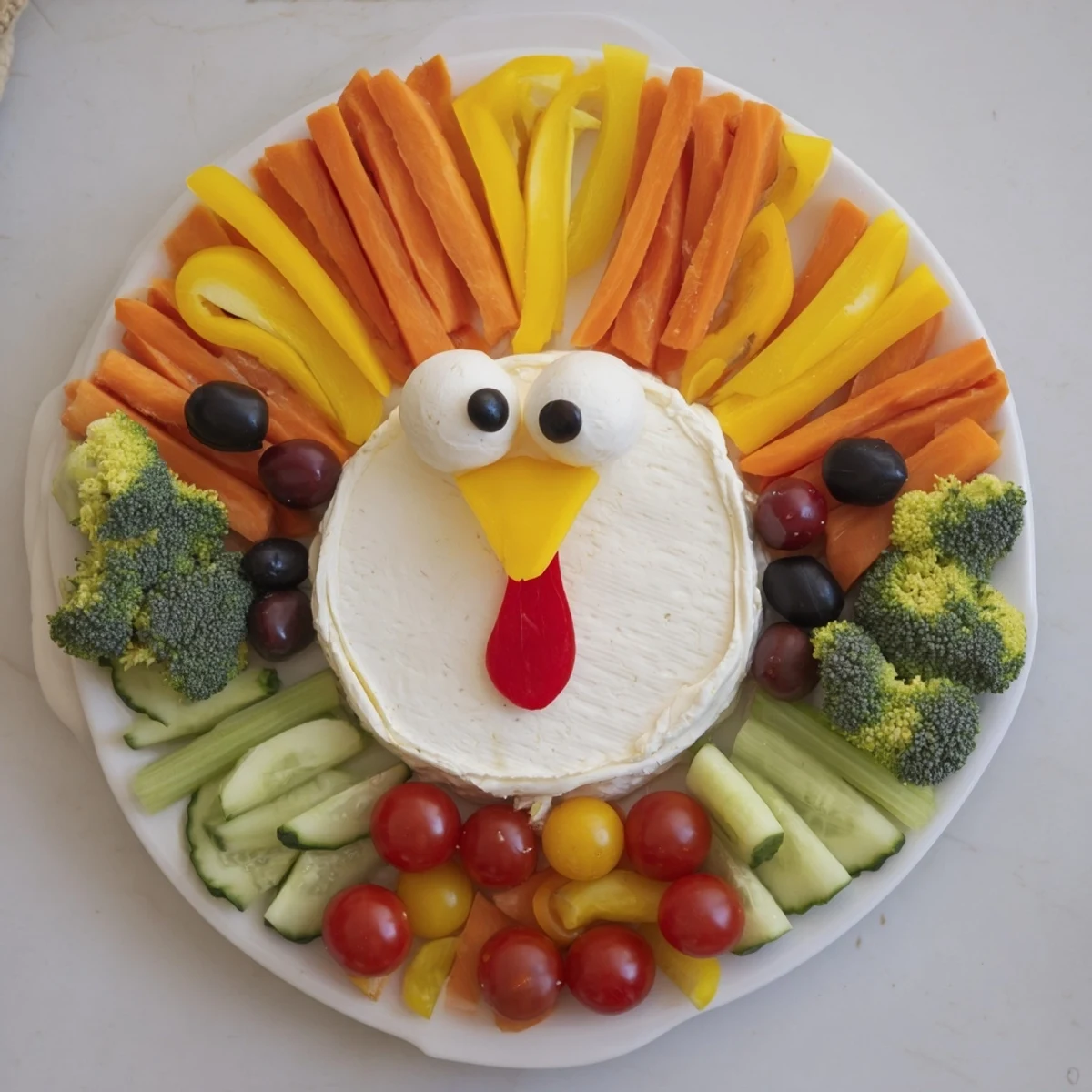 Festive Turkey Shaped Appetizer Tray featuring colorful veggie "feathers" surrounding a soft cheese body.