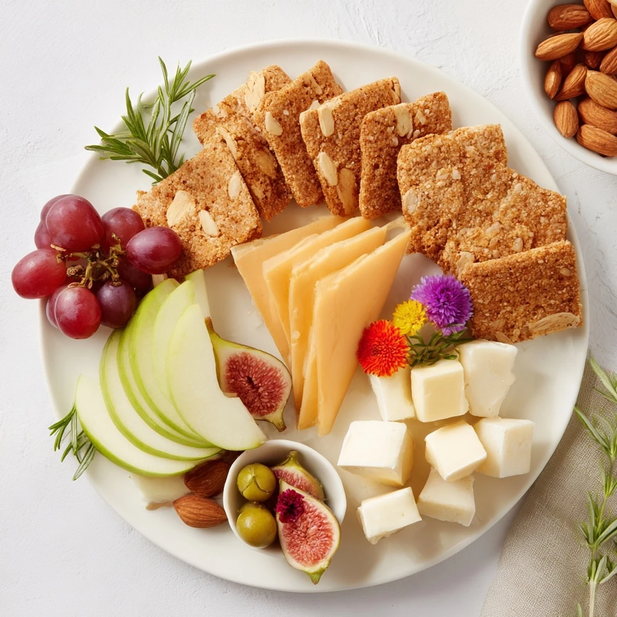 A beautifully arranged Golden Wheat Bundle Board, showcasing crackers, cheeses, fruits, and olives.