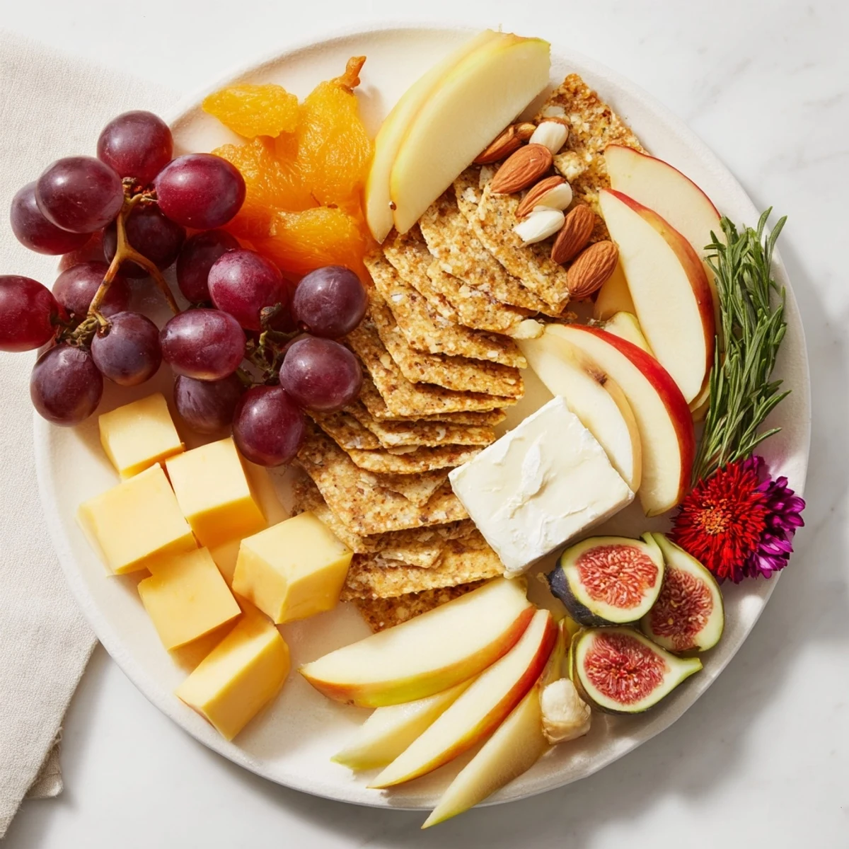 Close-up of a delightful Golden Wheat Bundle Board brimming with grapes, cheeses, and roasted almonds.