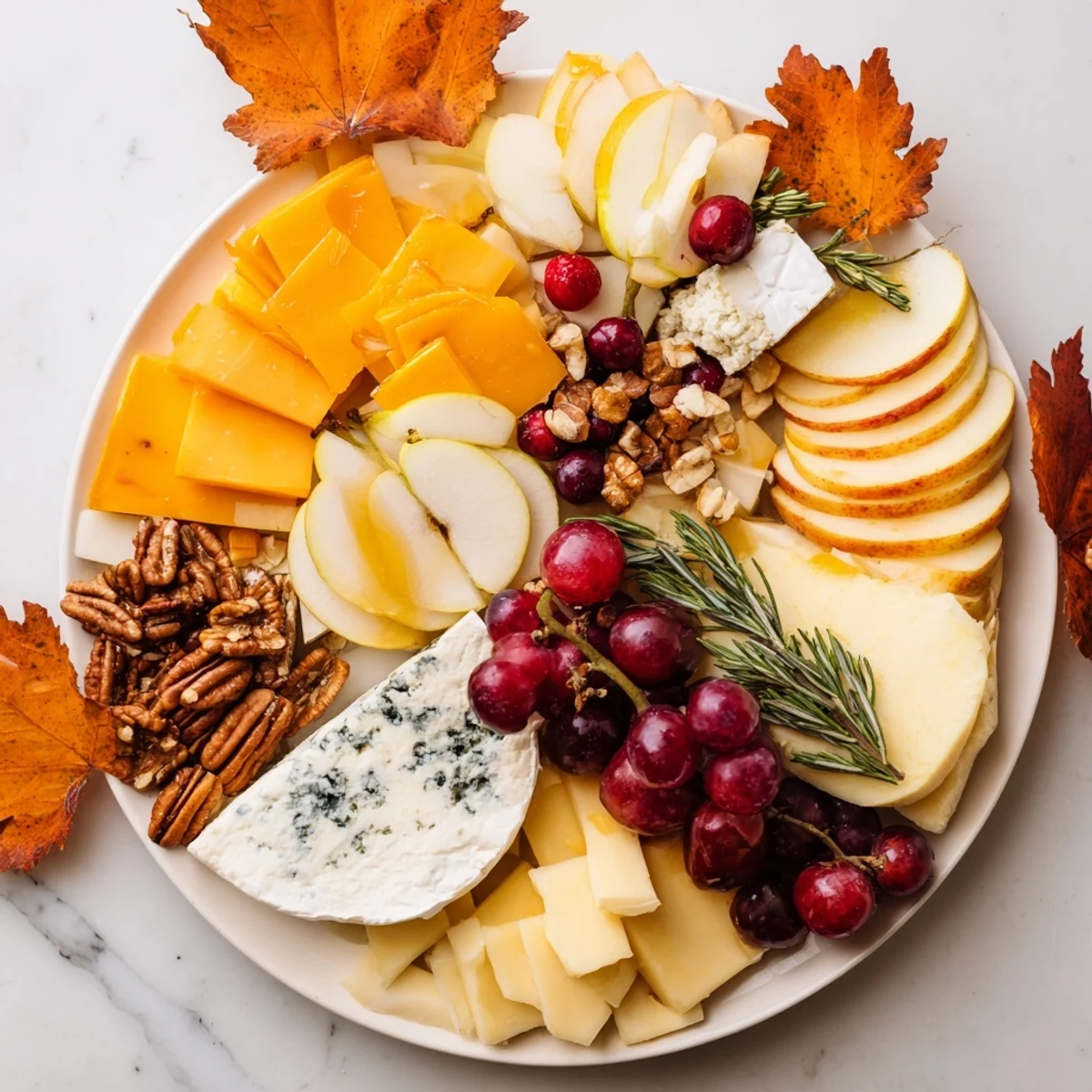 An Autumn Leaf Cheese Platter, overflowing with colorful cheeses, fruits, and crackers.