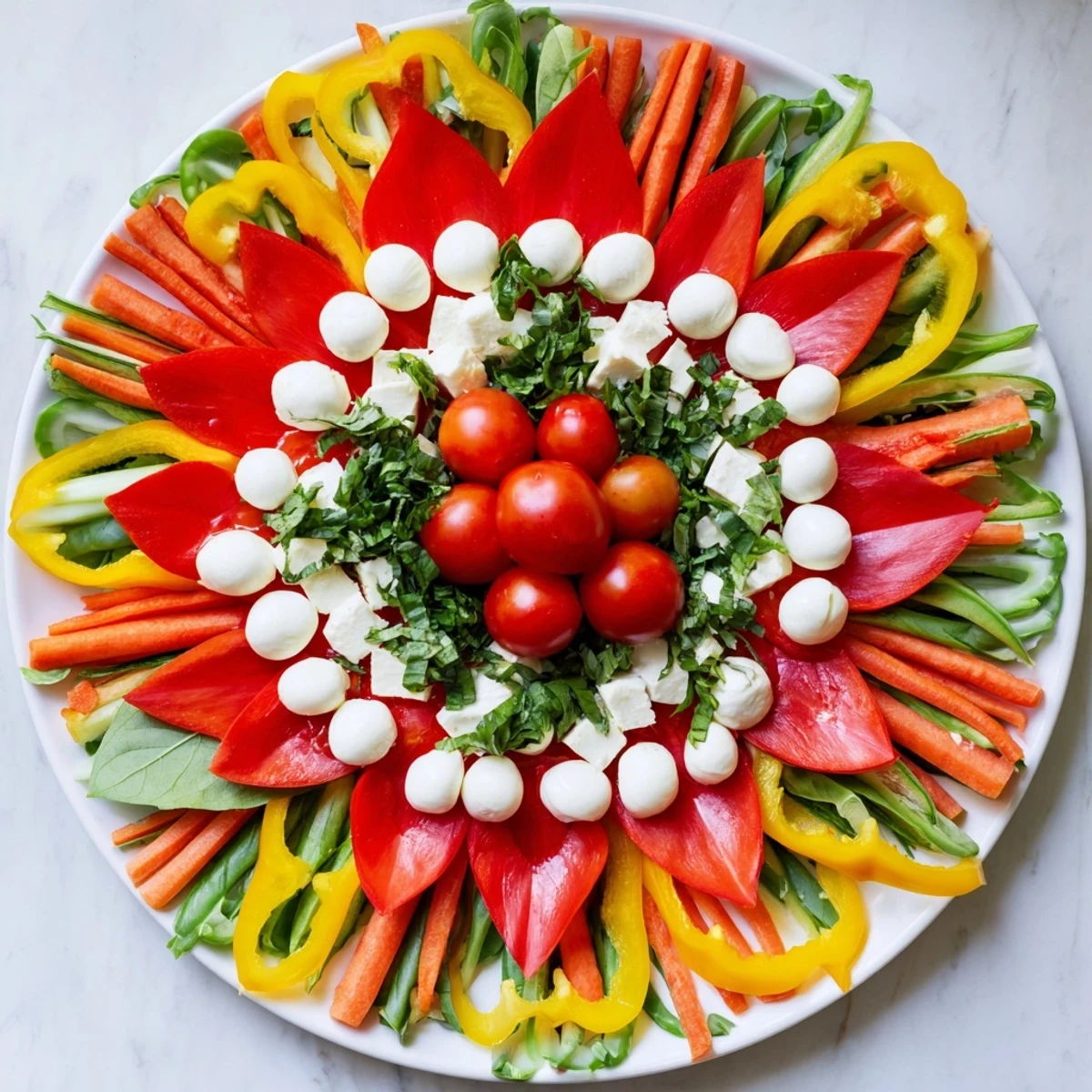Festive Poinsettia Platter: A vibrant display of colorful vegetables, cheeses, and dips, perfect for holiday parties.